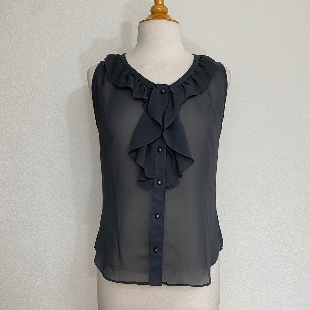 Banana Republic Women's Black Gray Ruffle Sheer Button Sleeveless Blouse Size SP